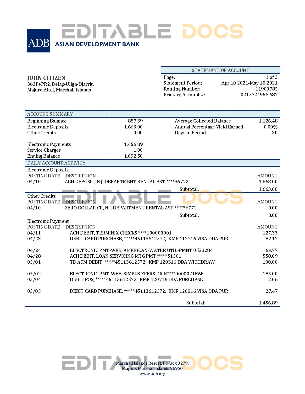 Marshall Islands ADB bank statement template in Word and PDF format