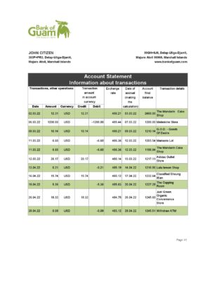 Marshall Islands Bank of Guam bank statement Excel and PDF template