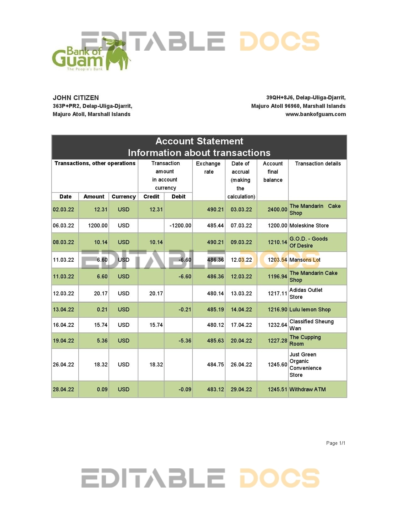 Marshall Islands Bank of Guam bank statement Excel and PDF template