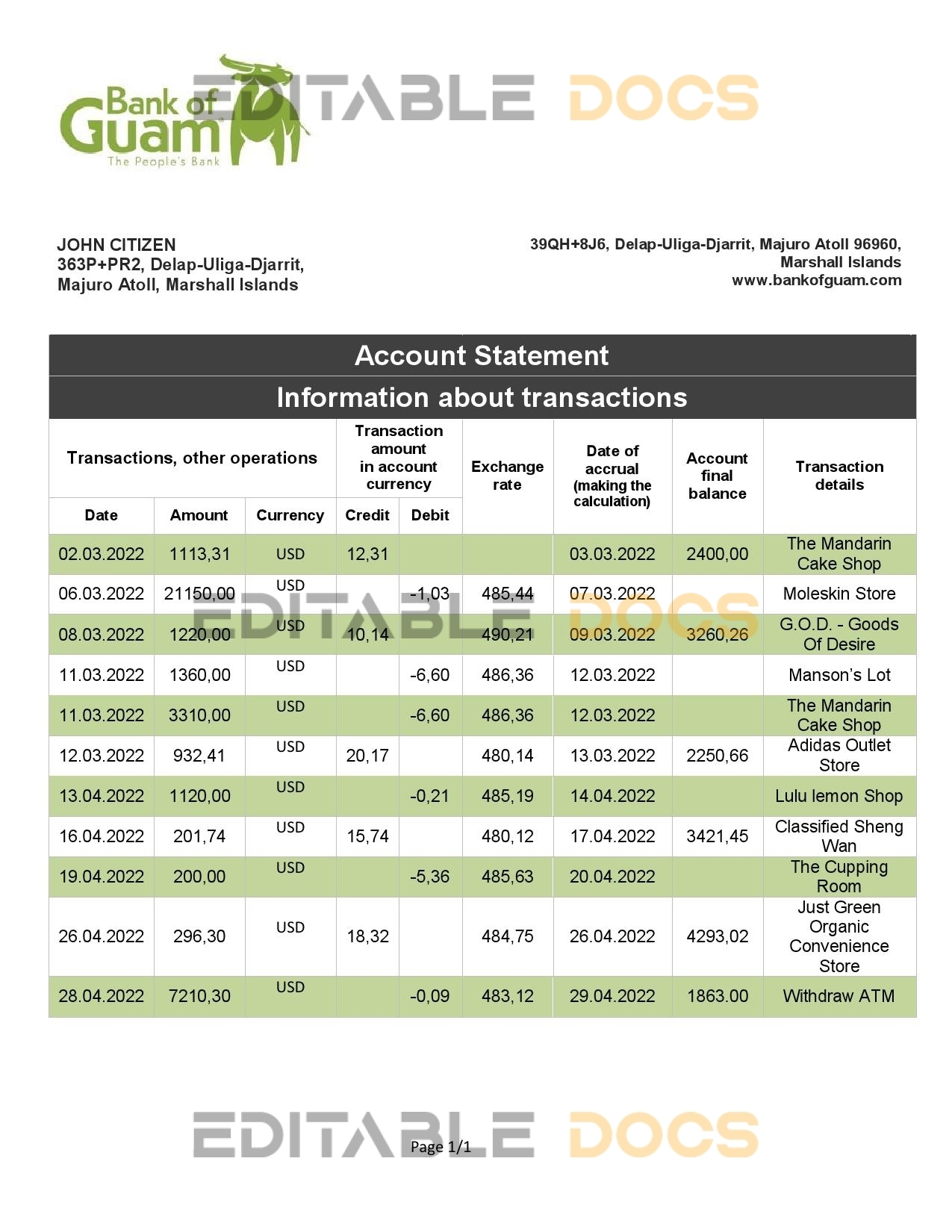 Marshall Islands Bank of Guam bank statement template in Word and PDF format