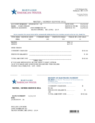 USA Maryland American water utility bill template in Word and PDF format