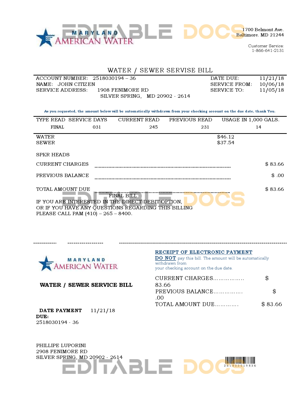 USA Maryland American water utility bill template in Word and PDF format