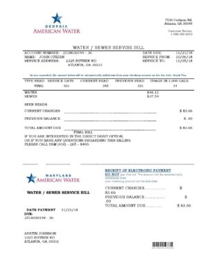 USA Maryland Georgia Water utility bill template in Word and PDF format (.doc and .pdf)