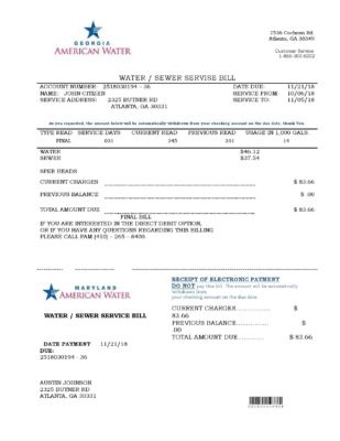 USA Maryland Georgia Water utility bill template in Word and PDF format (.doc and .pdf)