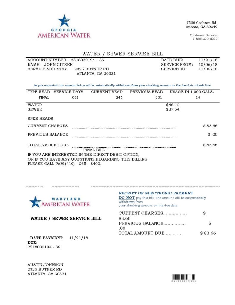 USA Maryland Georgia Water utility bill template in Word and PDF format (.doc and .pdf)
