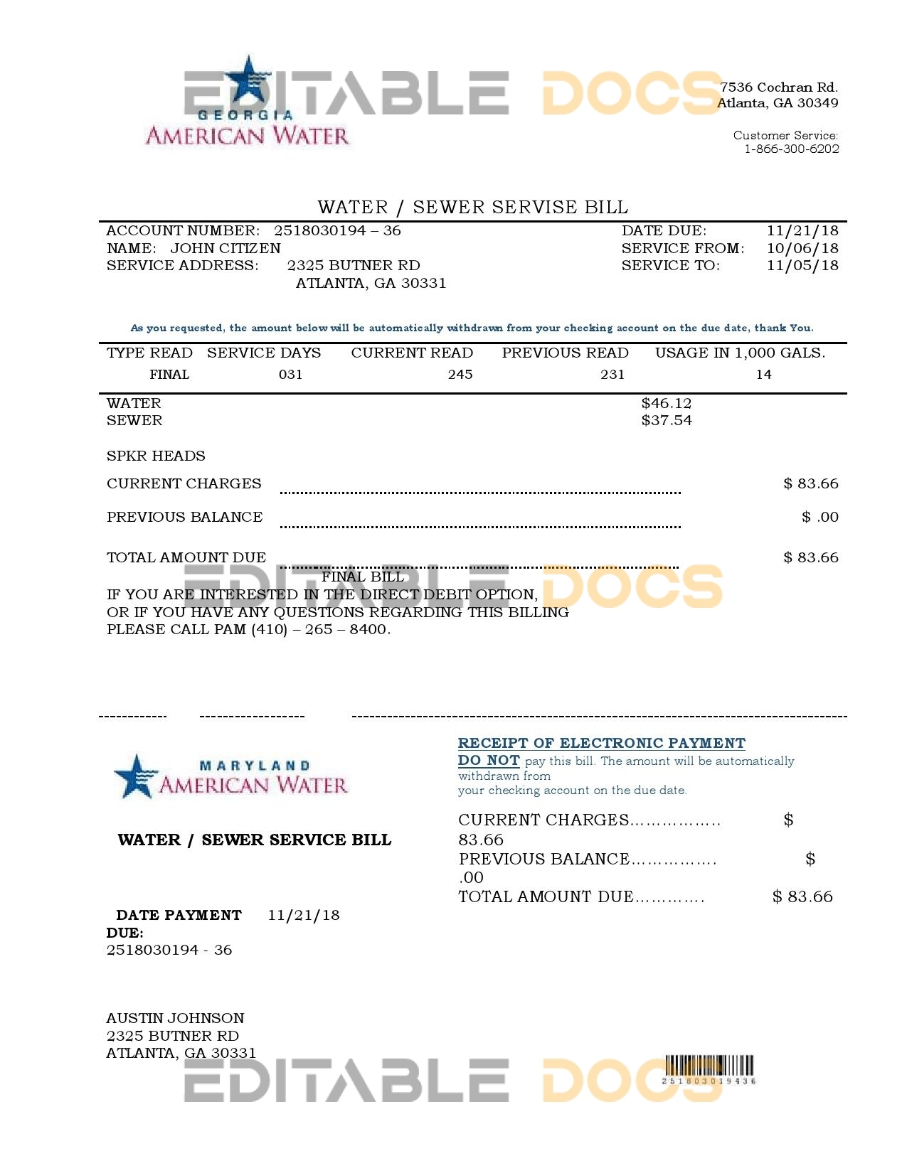 USA Maryland Georgia Water utility bill template in Word and PDF format (.doc and .pdf)