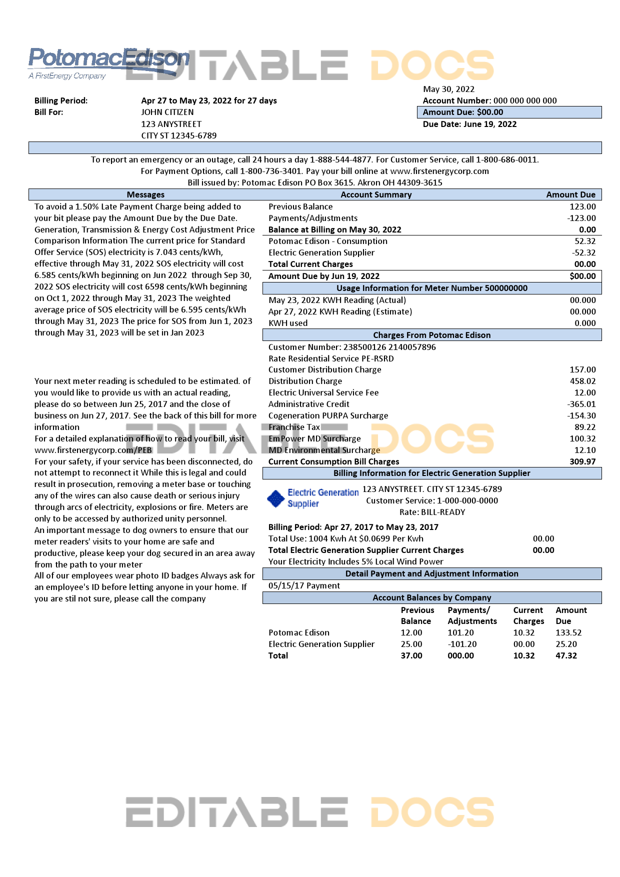 USA Maryland Potomac Edison utility bill, Word and PDF template, 2 pages