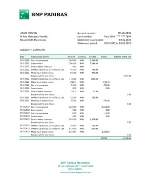 Mauritania BNP Paribas bank statement Excel and PDF template