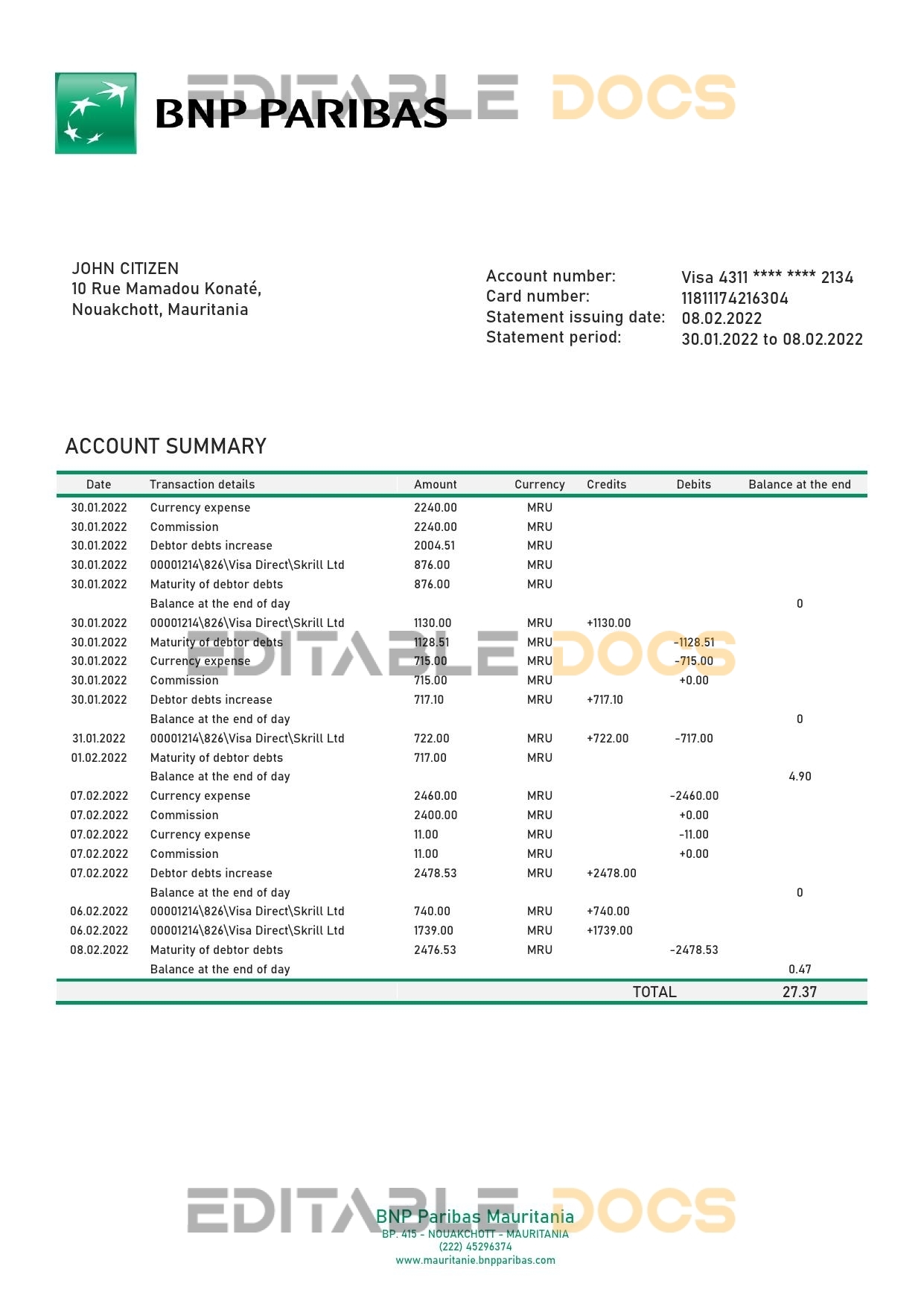 Mauritania BNP Paribas bank statement template in Word and PDF format