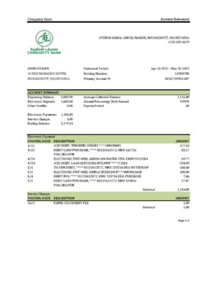 Mauritania Chinguitty bank statement Excel and PDF template