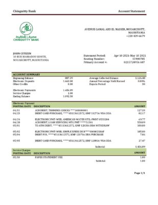 Mauritania Chinguitty bank statement template in Word and PDF format