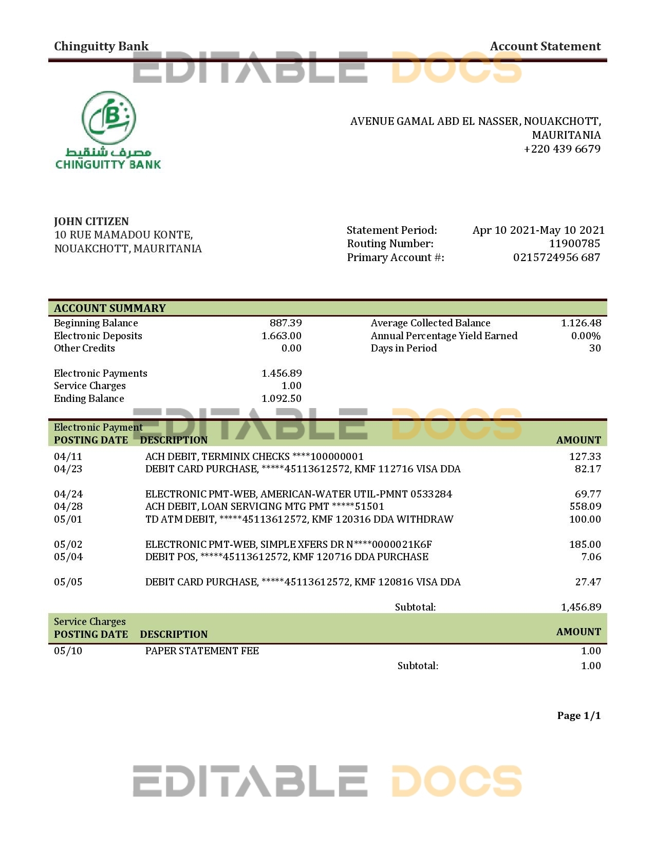 Mauritania Chinguitty bank statement template in Word and PDF format