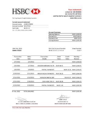Mauritius HSBC bank statement Excel and PDF template
