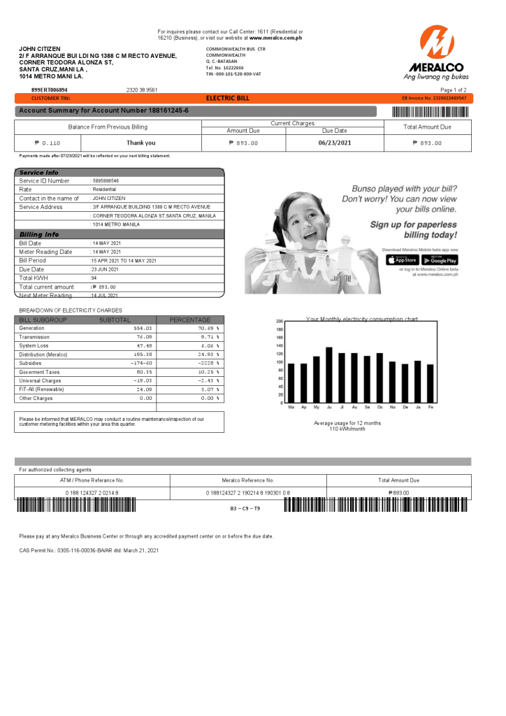 Philippines Meralco electricity utility bill template, fully editable in PSD format