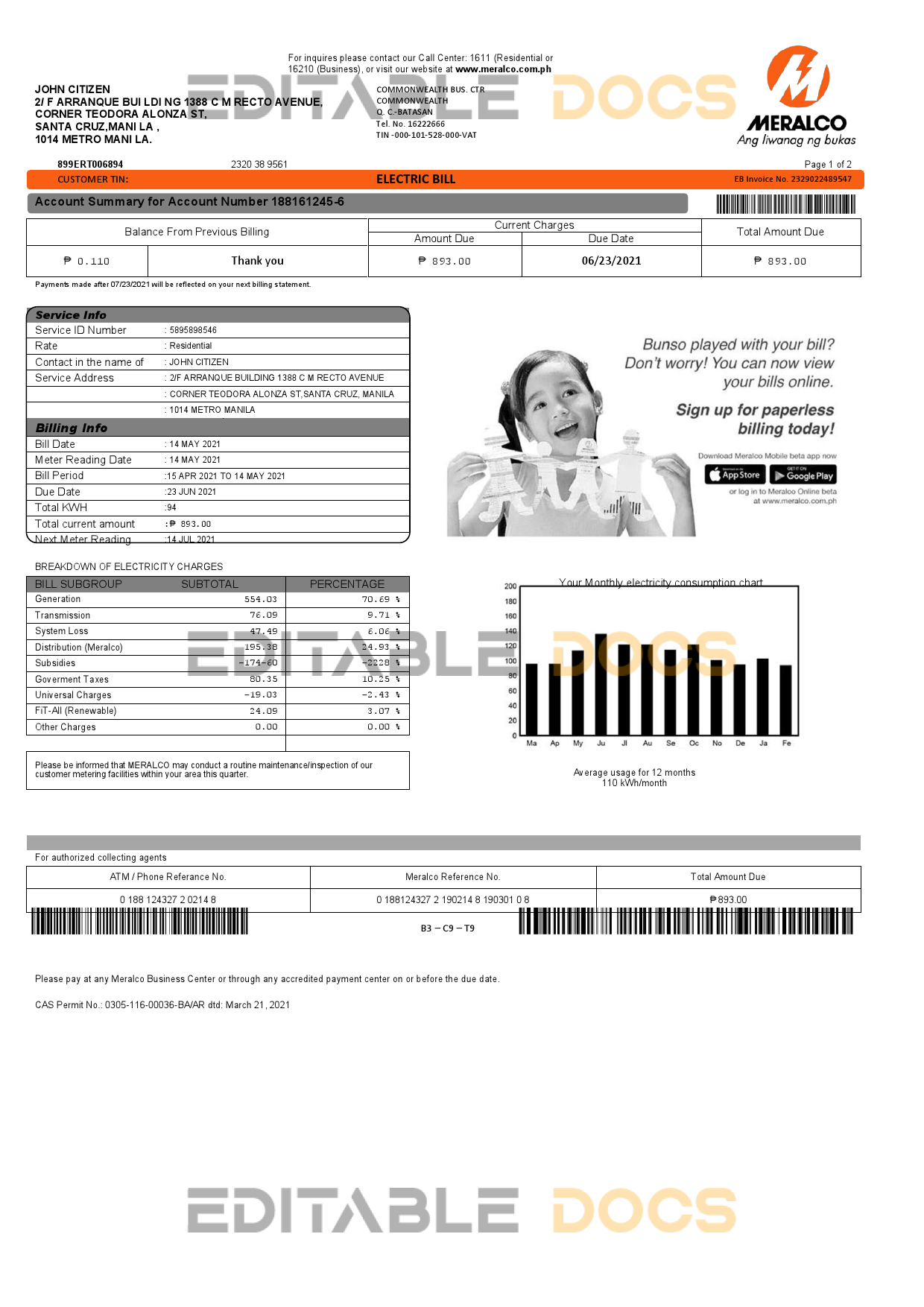 Philippines Meralco electricity utility bill template in Word and PDF format