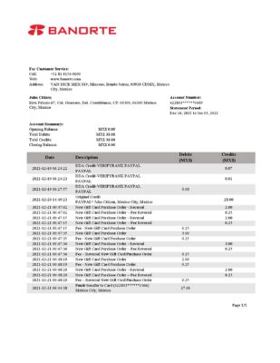 Mexico Banorte bank statement easy to fill template in Word and PDF format