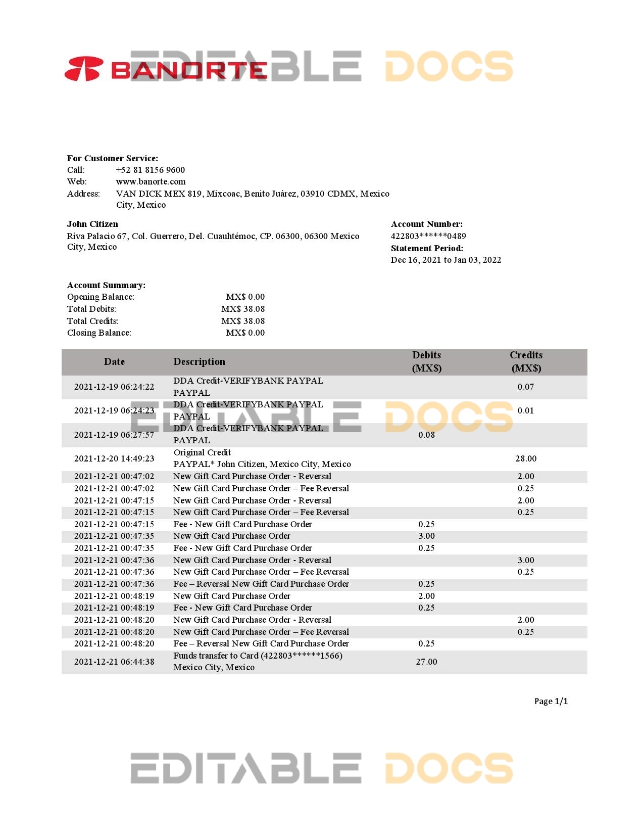 Mexico Banorte bank statement easy to fill template in Word and PDF format