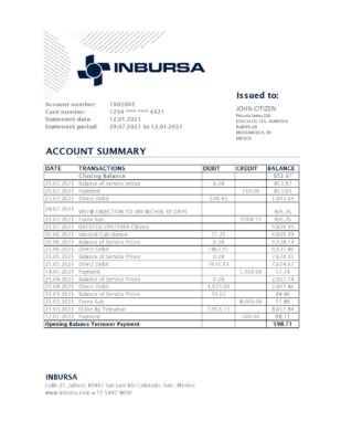 Mexico Inbursa Bank statement easy to fill template in Excel and PDF format