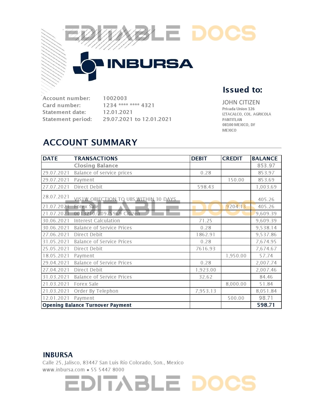 Mexico Inbursa Bank statement easy to fill template in Excel and PDF format