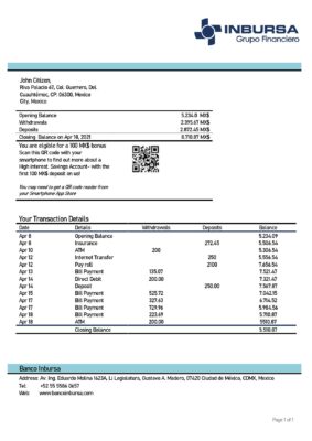 Mexico Inbursa Bank statement easy to fill template in Word and PDF format
