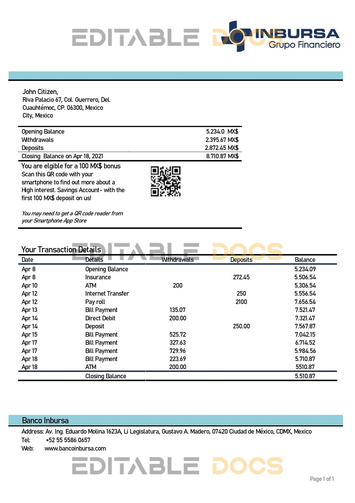 Mexico Inbursa Bank statement easy to fill template in Word and PDF format