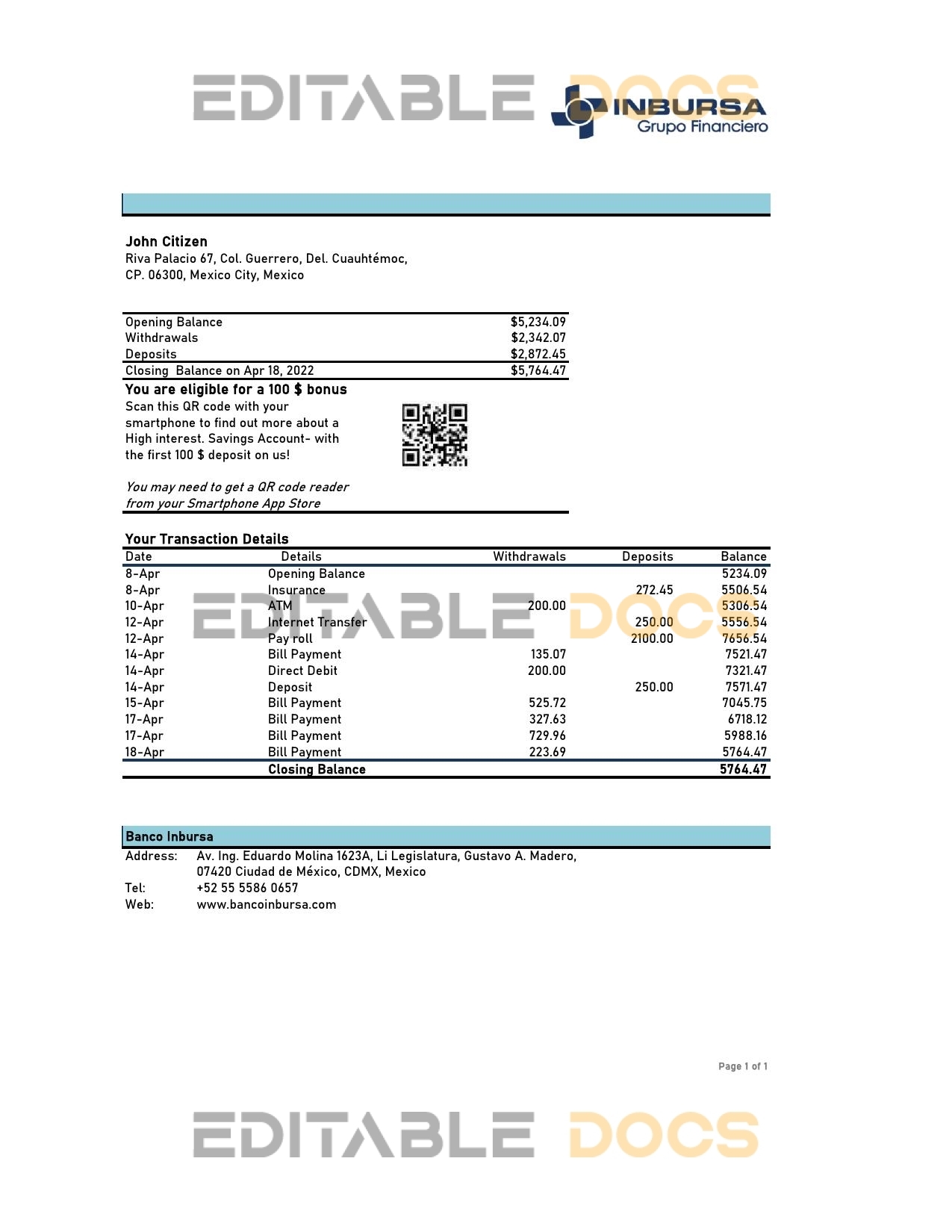Mexico Inbursa bank statement Excel and PDF template, version 2
