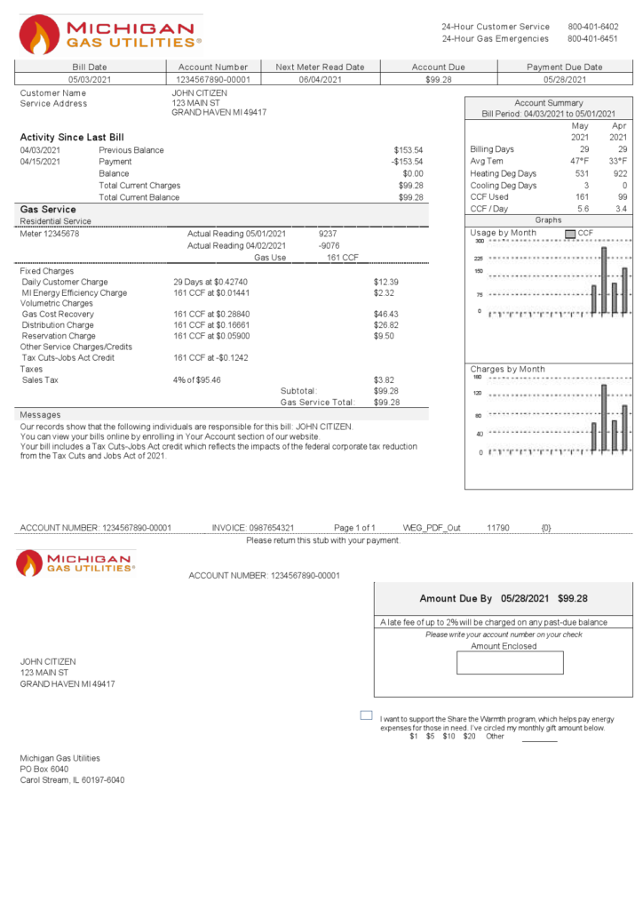 USA Michigan Gas Utilities utility bill template in Word and PDF format