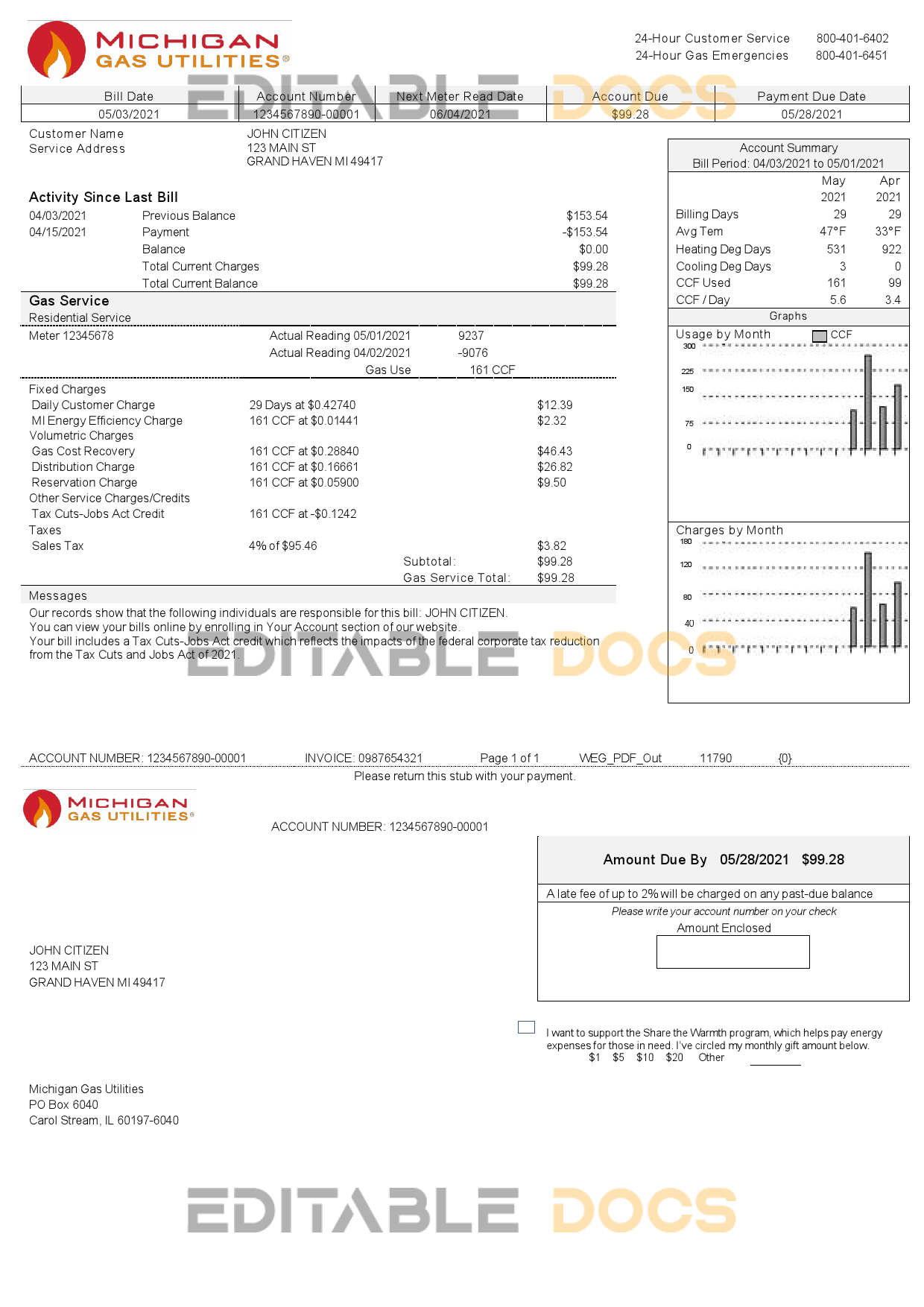 USA Michigan gas Utilities utility bill template in Word and PDF format