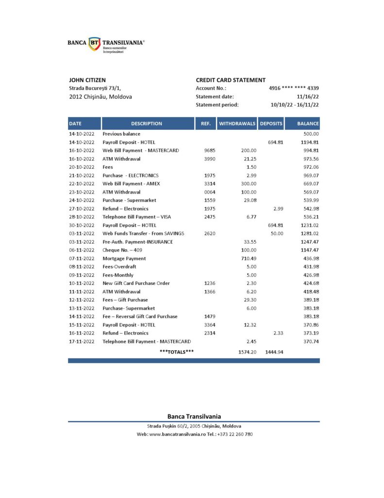 Moldova Banca Transilvania bank statement Excel and PDF template