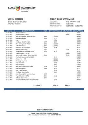 Moldova Banca Transilvania bank statement template in Word and PDF format