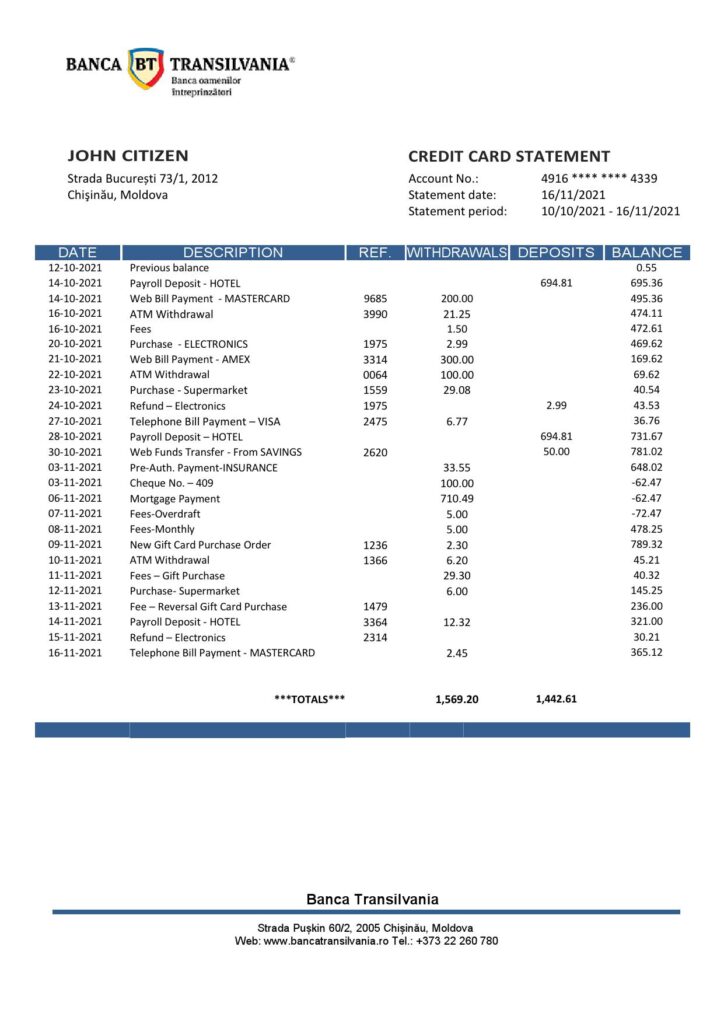 Moldova Banca Transilvania bank statement template in Word and PDF format