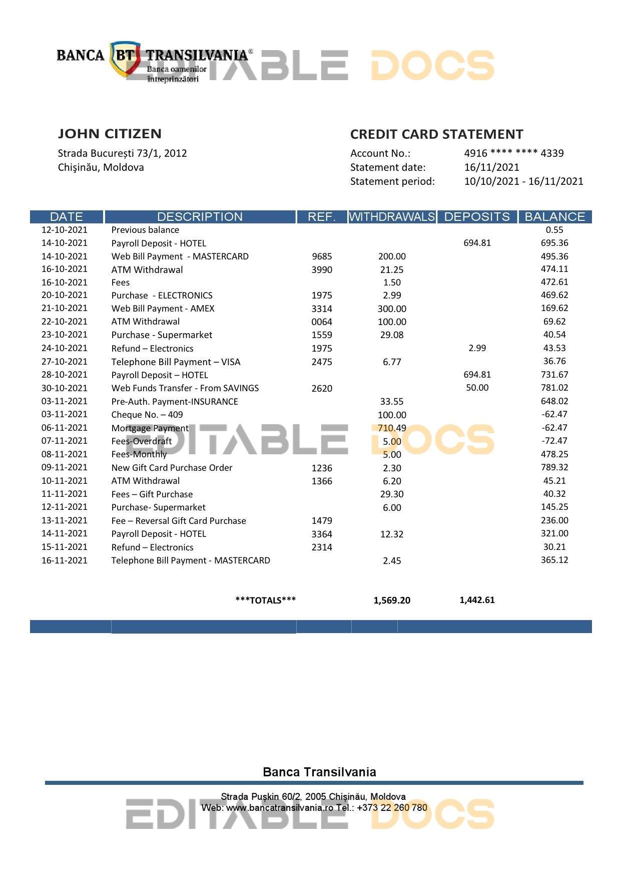 Moldova Banca Transilvania bank statement template in Word and PDF format