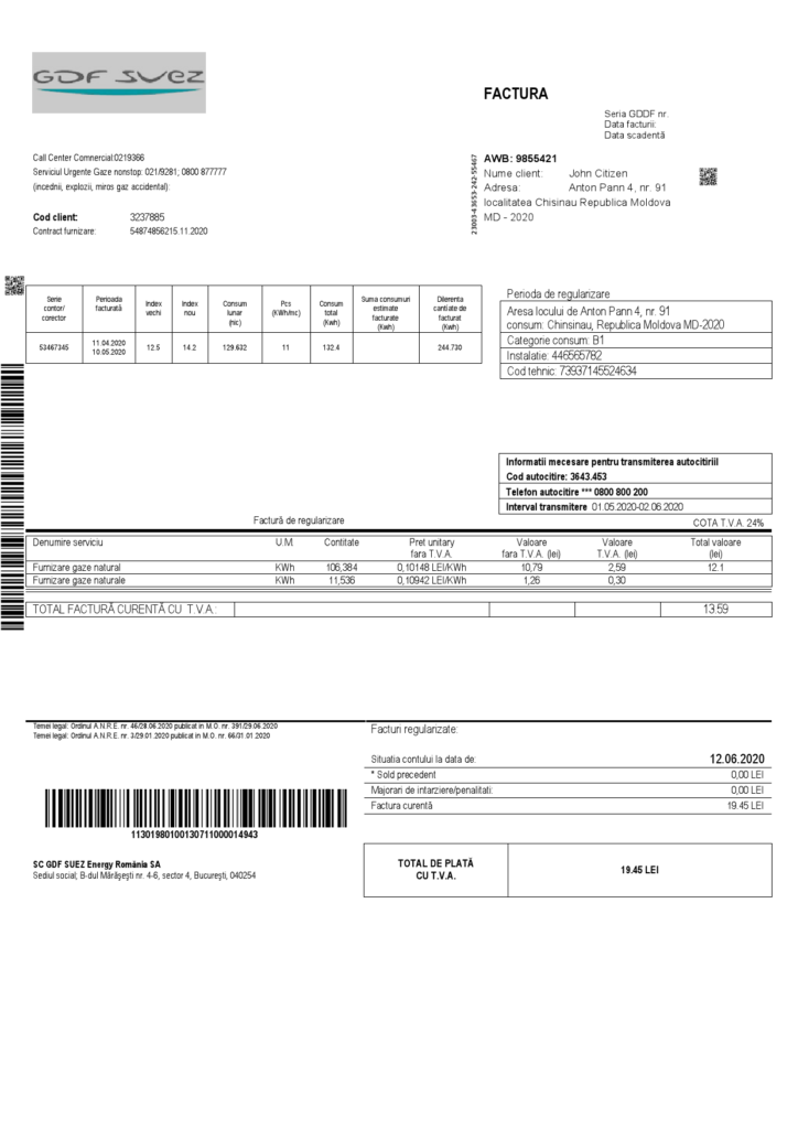 Moldova Gas utility bill template in Word and PDF format