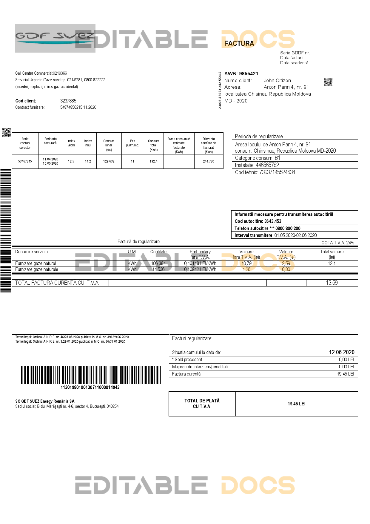 Moldova Gas utility bill template in Word and PDF format