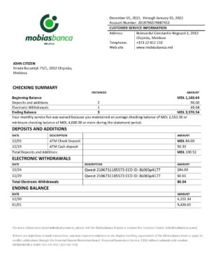 Moldova Mobiasbanca bank statement template in Word and PDF format
