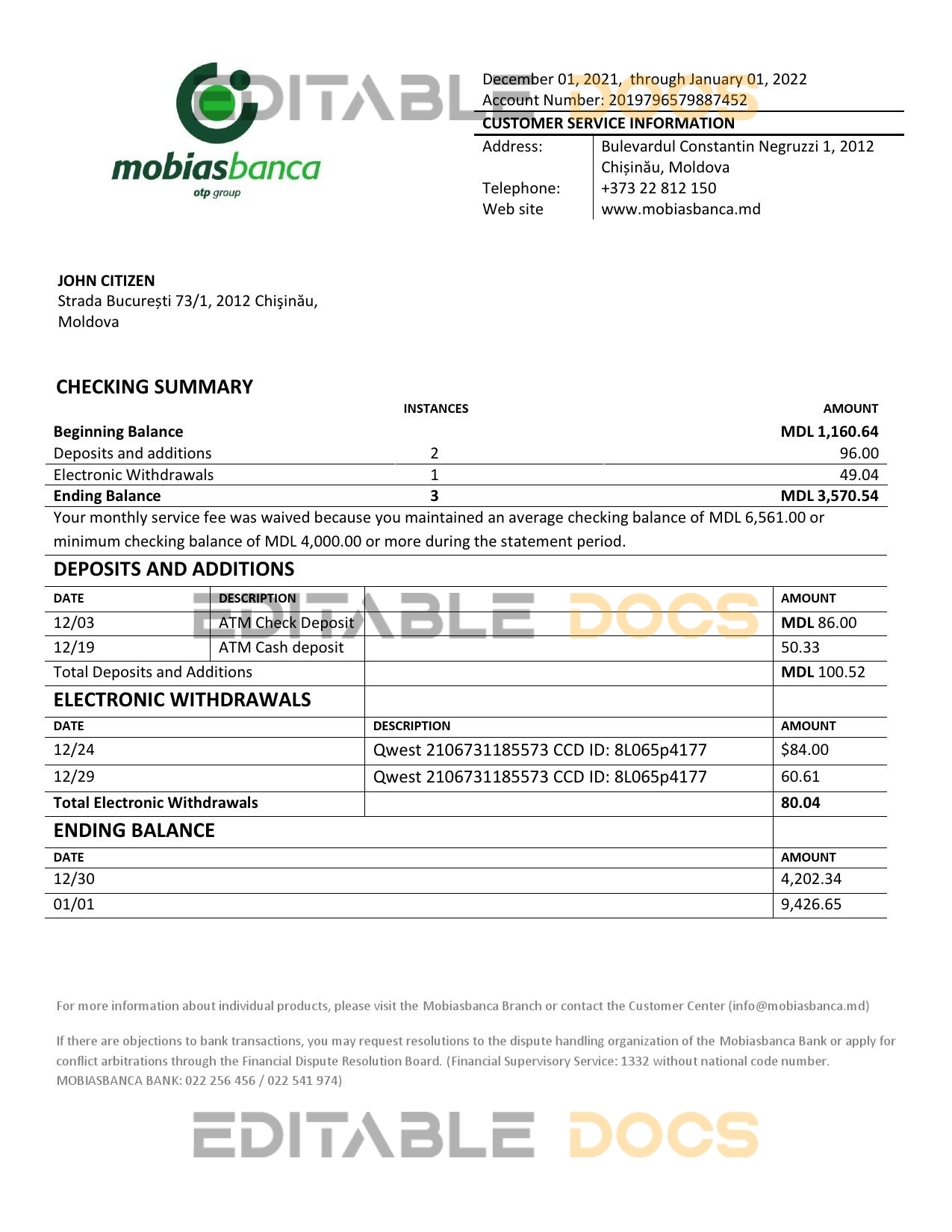 Moldova Mobiasbanca bank statement template in Word and PDF format