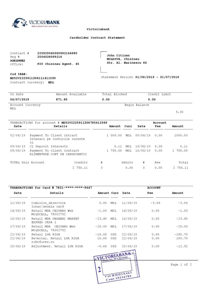 Moldova Victoriabank proof of address statement template in Word and PDF format