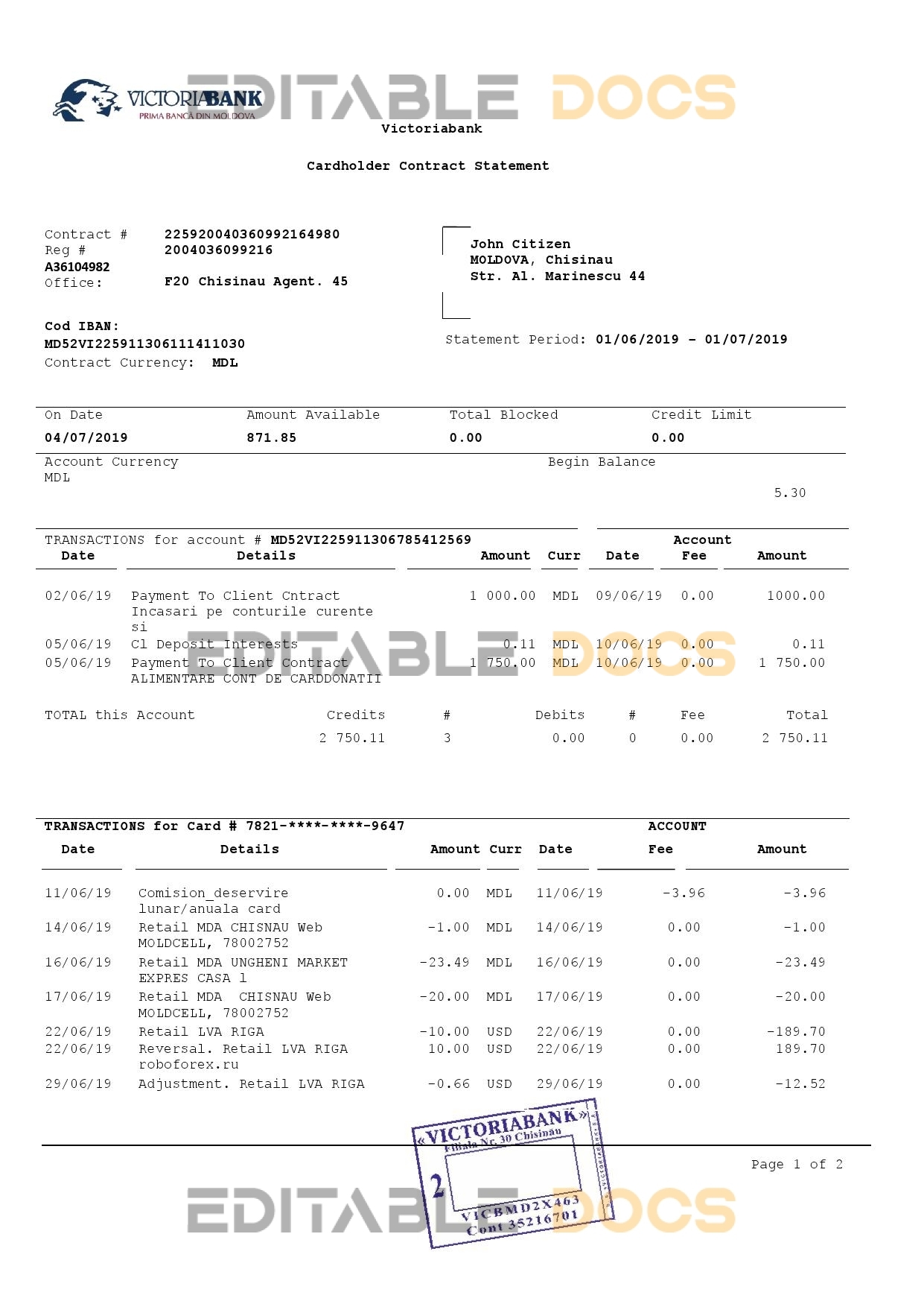 Moldova Victoriabank proof of address statement template in Word and PDF format