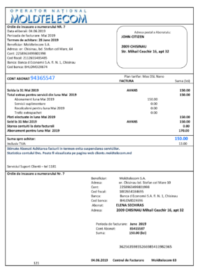 Moldova Moldtelecom utility bill template in Word and PDF format, fully editable