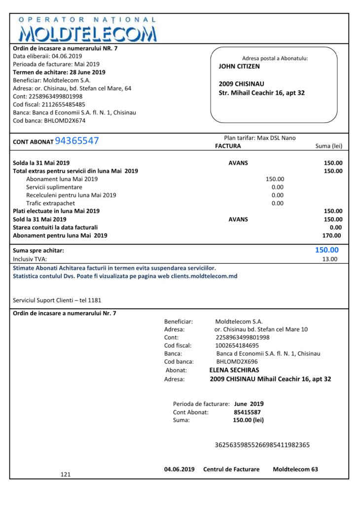 Moldova Moldtelecom utility bill template in Word and PDF format, fully editable