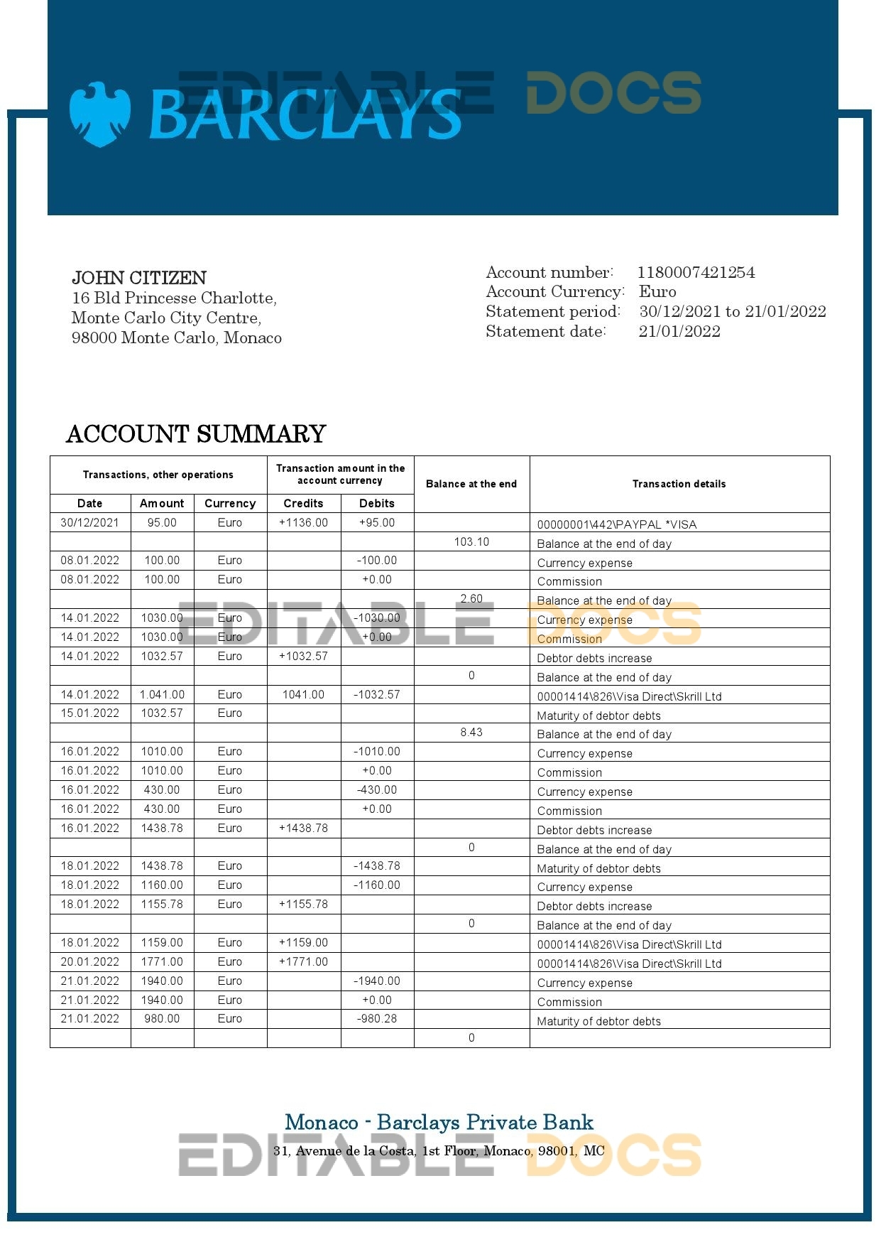 Monaco Barclays Private Bank statement easy to fill template in Word and PDF format