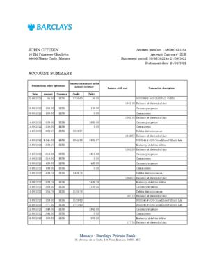 Monaco Barclays Private bank statement Excel and PDF template