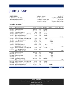 Monaco Julius Bar bank statement Excel and PDF template