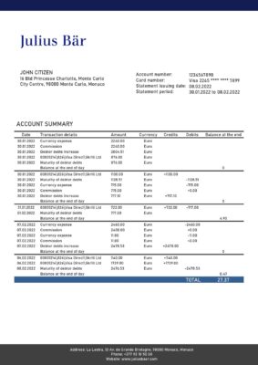 Monaco Julius Bar bank statement easy to fill template in Word and PDF format