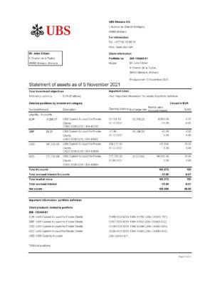 Monaco UBS Bank statement easy to fill template in Excel and PDF file format