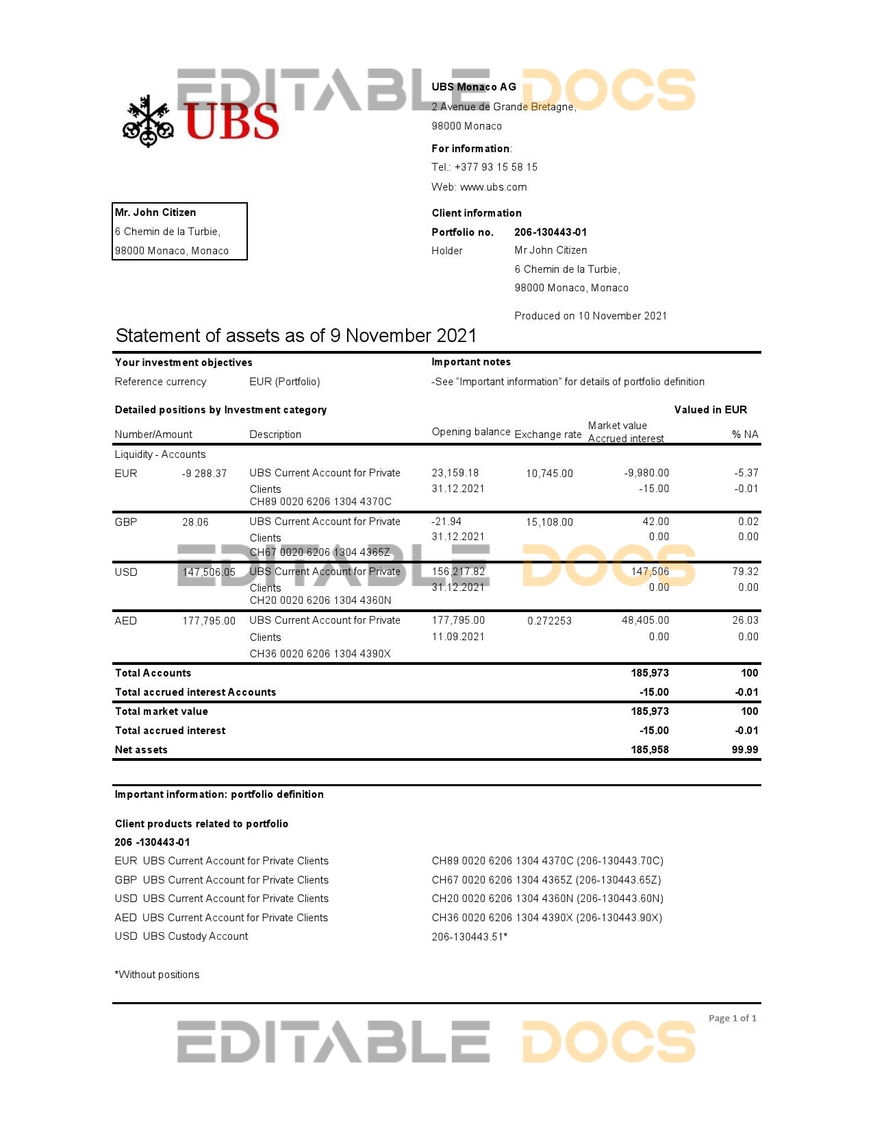 Monaco UBS Bank statement easy to fill template in Excel and PDF file format