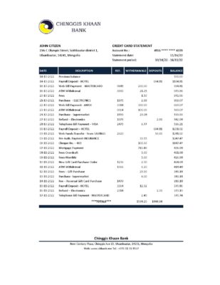 Mongolia Chinggis Khaan bank Excel and PDF template
