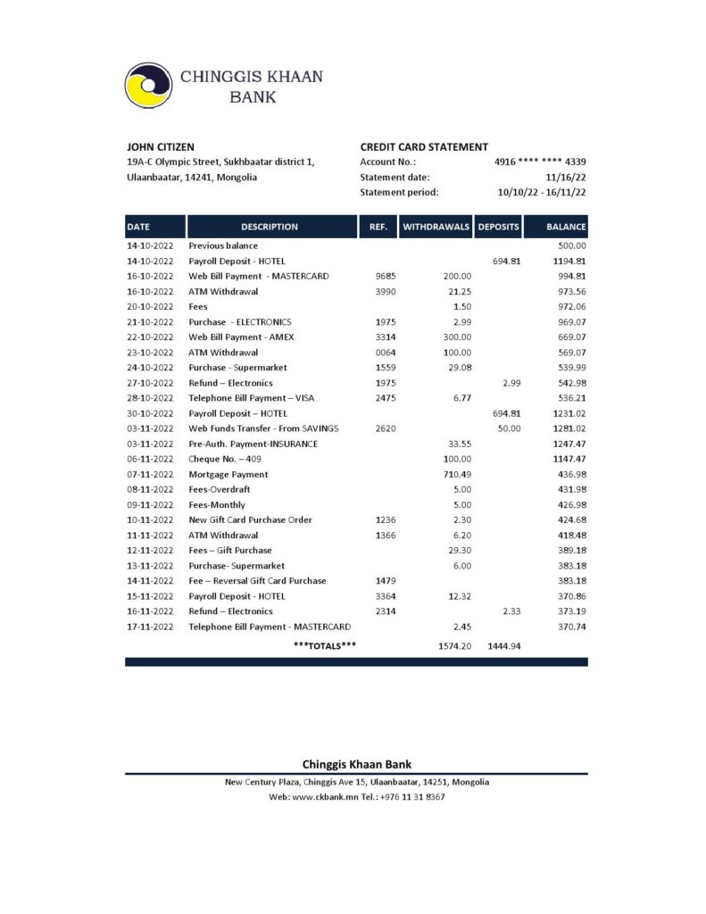 Mongolia Chinggis Khaan bank Excel and PDF template