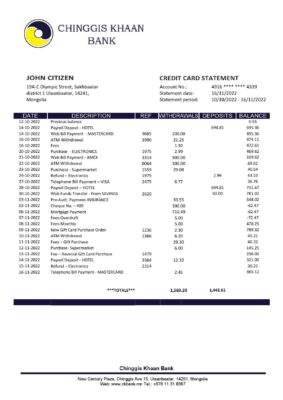 Mongolia Chinggis Khaan bank statement template in Word and PDF format