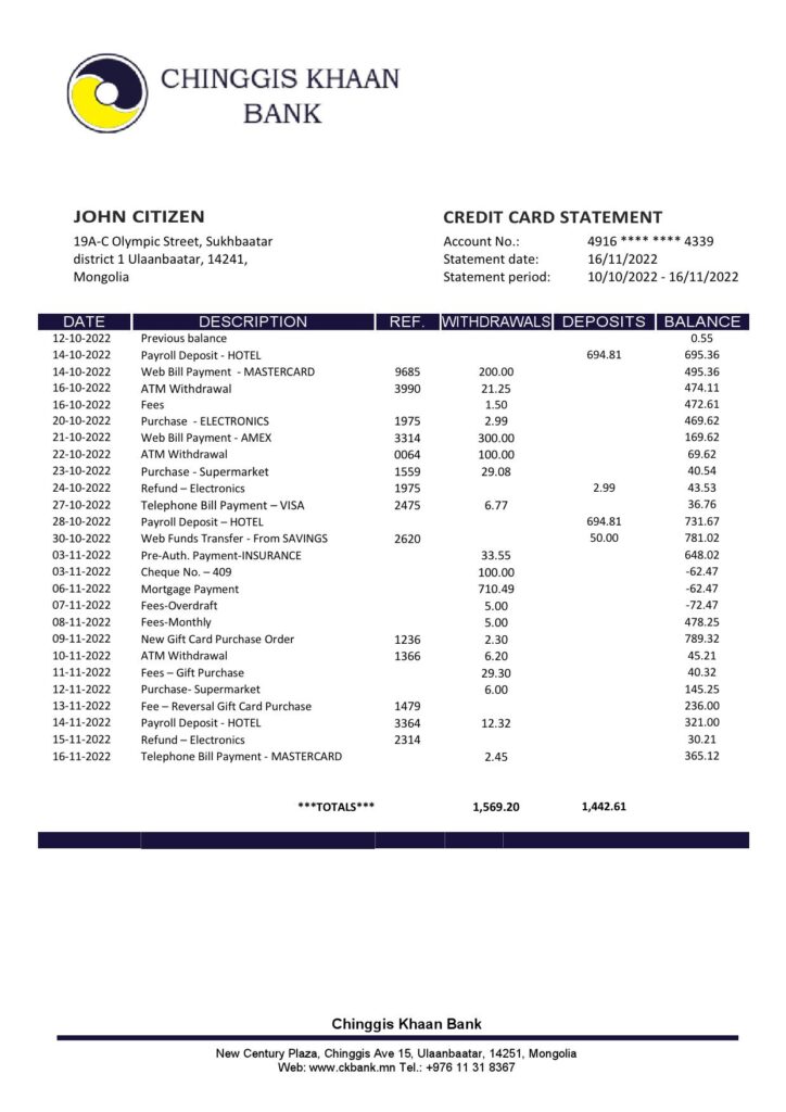 Mongolia Chinggis Khaan bank statement template in Word and PDF format